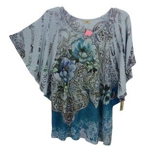 Cactus Top Tunic Women Size Small Floral Sequined Winged Sleeve Blue Multi